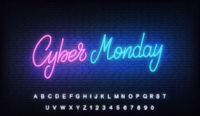 Cyber Monday neon. Glowing lettering sign for online sale discount promotion