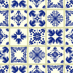 Vector tile pattern, Lisbon floral mosaic, Mediterranean seamless navy blue ornament