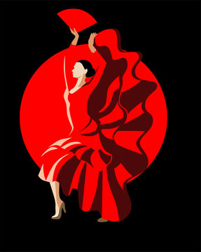 Slender woman in a red dress dancing flamenco dance.