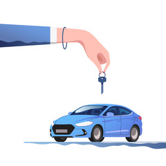 Buying or renting a new or used car. Dealer giving keys. Vector illustration.