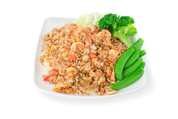 Fried rice with shrimp and vegetable set isolated on white background with clipping path