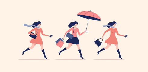 Set of women walking or running. Seasonal and holiday shopping. Vector illustration.