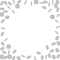 British pound coins falling. Scattered black and w