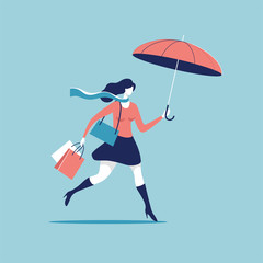 Woman walking or running with umbrella and shopping bags. Autumn seasonal and holiday shopping. Vector illustration.