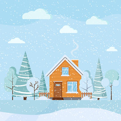 Flat design beautiful winter landscape with wooden rural house with chimney Christmas vector background illustration.