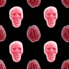Sweet pink edible marmalade human skull and brain  isolated on black background. Photographic collage, seamless pattern. Happy Halloween concept.