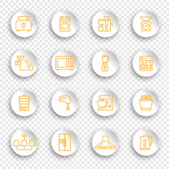 Linear icons of kitchen appliances on white round stickers with transparent shadows