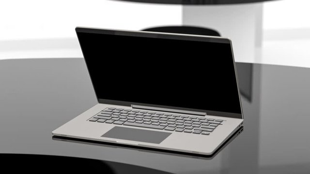 Laptop background. Computer mock up with green screen on work desk in office white color. 3D Render.