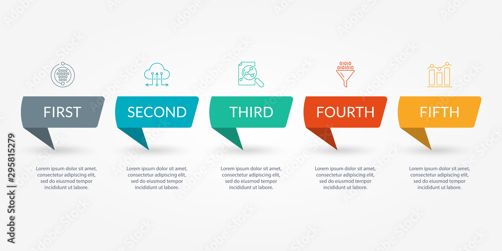 Poster infographic template with 5 steps, levels or options. business design elements with icons for timeli