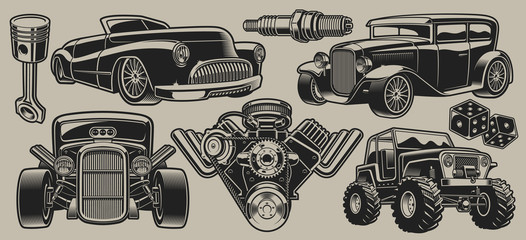 Set of vector classic cars and parts illustrations in vintage style © Natalia