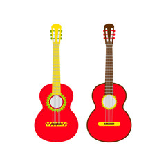 Two Red Mexican guitar set. Vector isolated illustration on white background.  Music icons and melody template