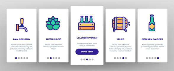 Beer Brewery Onboarding Mobile App Page Screen Vector Icons Set Thin Line. Alcohol Foam Drink Brewery Concept Linear Pictograms. Barrel And Bottle, Faucet And Keg Contour Illustrations