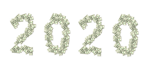 2020 written with 100 dollars banknotes isolated on white background
