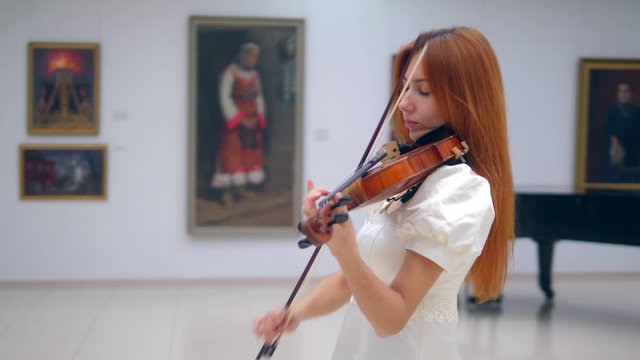 Person plays wooden violin, performs in a museum with pictures.