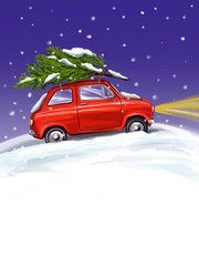 Christmas tree on the car, Decorative Christmas ornament, art illustration painted with watercolors isolated on white background