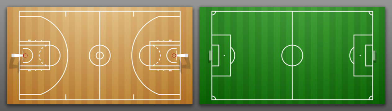 Design banner illustration layout championship greeting card above Football and basketball field. card above Realistic soccer and basketball field. classic football playground postcard