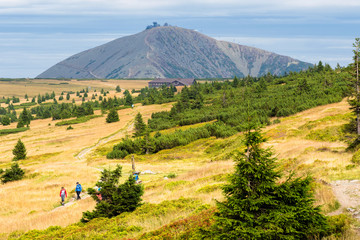 View of hiking trails and Karkonosze (Krkonose) mountains national park at the Poland and Czech...