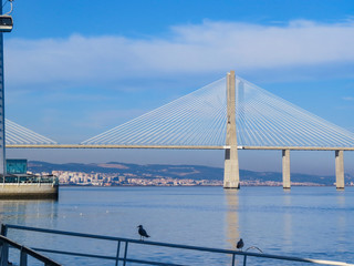 Fototapeta premium Vasco da Gama bridge in the Parque das Nacoes (Park of Nations) in Lisbon is a Modern Cultural Center And A Place For A Shopping Mall,