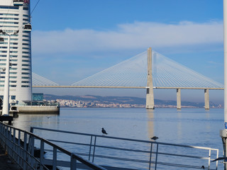 Vasco da Gama bridge in the Parque das Nacoes (Park of Nations) in Lisbon is a Modern Cultural Center And A Place For A Shopping Mall,