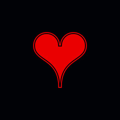 Poker playing card suit Hearts outline shape single icon. Hearts suit deck of playing cards used for ace in Las Vegas royal casino. Single icon illustration isolated on black. Drawing pic for tattoo.