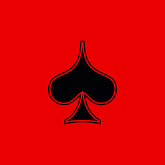 Fototapeta premium Poker playing card suit Spades outline shape single icon. Spades suit deck of playing cards used for ace in Las Vegas royal casino. Single icon illustration isolated on red. Drawing pic for tattoo.