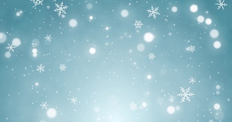 Snowflakes and bokeh lights on the blue Merry Christmas background. 3D render