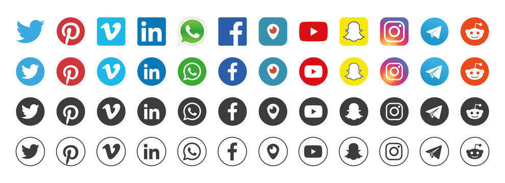 Facebook, Twitter, Instagram, Youtube, Snapchat, Pinterest, Whatsapp, Reddit, Telegram, Linkedin, Periscope, Vimeo - Collection of popular social media logo. Realistic set. Vector editorial