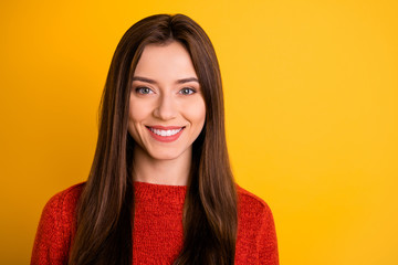 Fototapeta premium Close up photo of cheerful positive girl feel she is cool smart entrepreneur want success on work stare wear good look clothes isolated over yellow color background