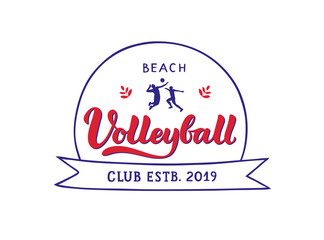 Beach volleyball club hand written lettering logo, emblem with players, ball, leafs and ribbon.