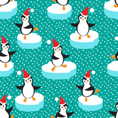seamless pattern on winter Christmas theme. funny penguins dance on the ice.   		vector illustration. EPS 10.