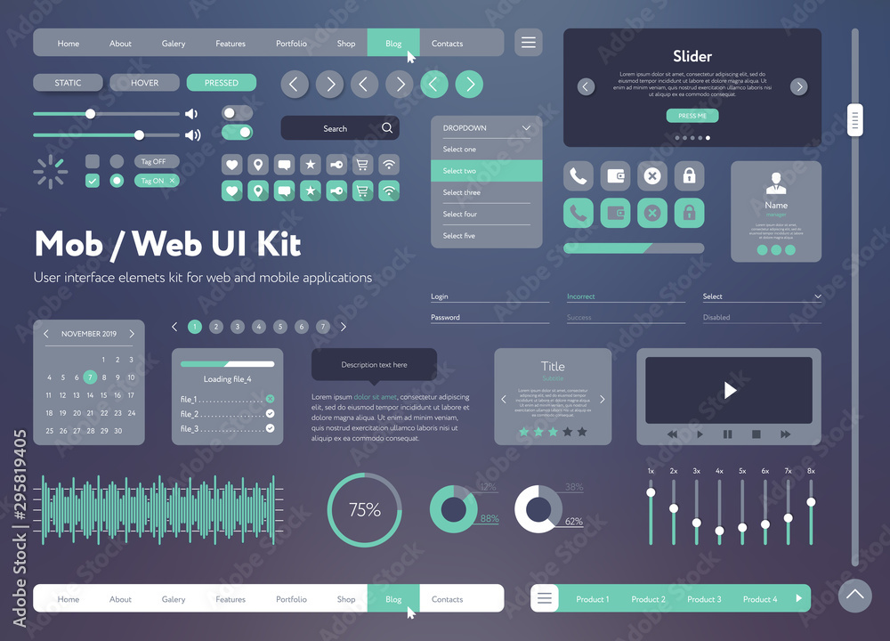 Fototapete flat mobile web ui kit. universal user interface for designing responsive websites, mobile apps. gra