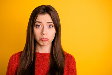 Close up photo of disappointed upset girl have disagreement with her boyfriend feel guilty sorry...