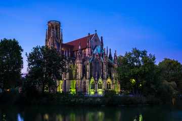 Germany, Historical feuersee cathedral in downtown stuttgart city surrounded by lake water called...