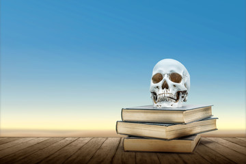 Pile of the book with a human skull on a wooden table