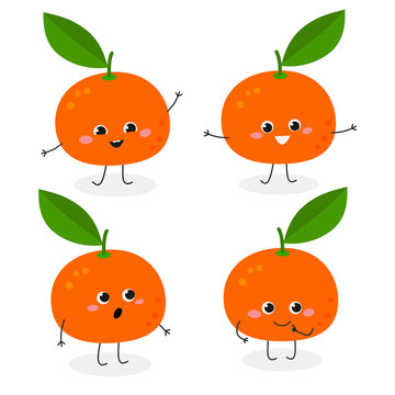 Tangerine Cartoon Character Emoticon Set Vector Illustration