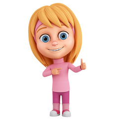 Cartoon character girl shows thumb up on a white background. 3d render illustration.