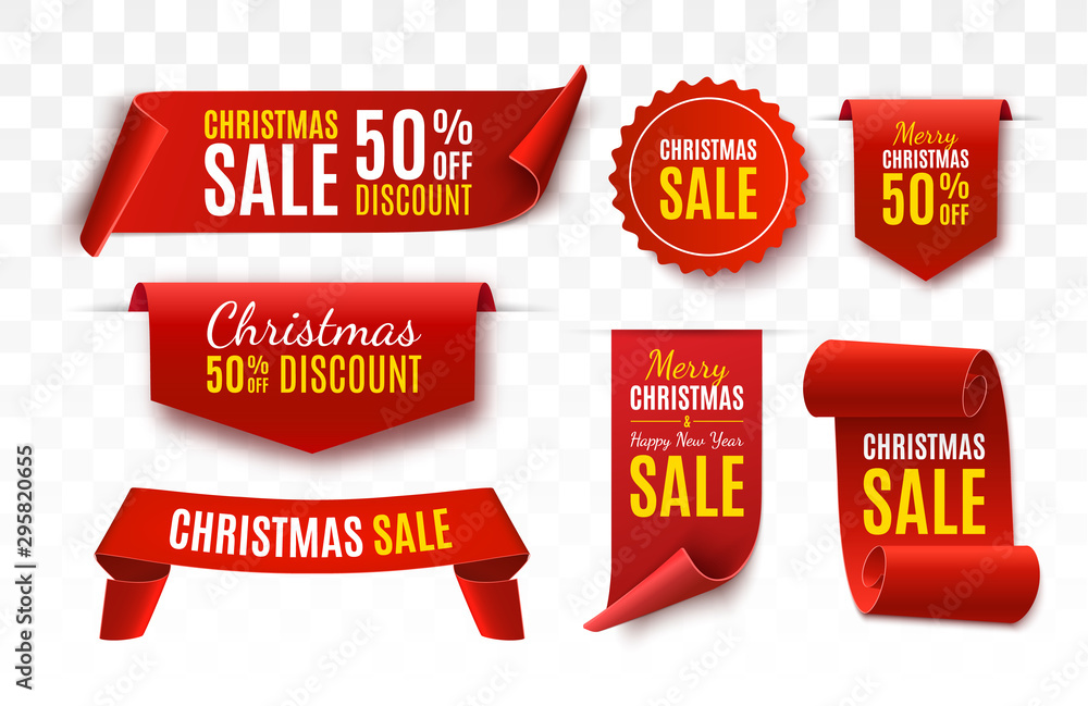 Poster christmas sale tags collection. red scrolls and banners isolated. merry christmas and happy new year