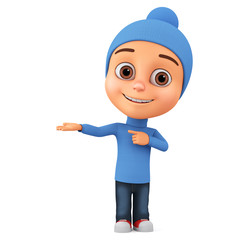 Little cartoon character boy points to an empty hand on a white background. 3d render illustration.