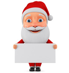 Santa Claus cartoon character shows blank board on a white background.  3d rader illustration for the new year.