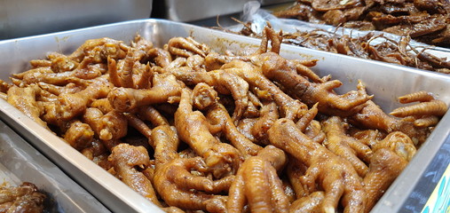 Close up image of chicken feet in Taiwan. Taiwanese traditional oof image at the market in Taipei.