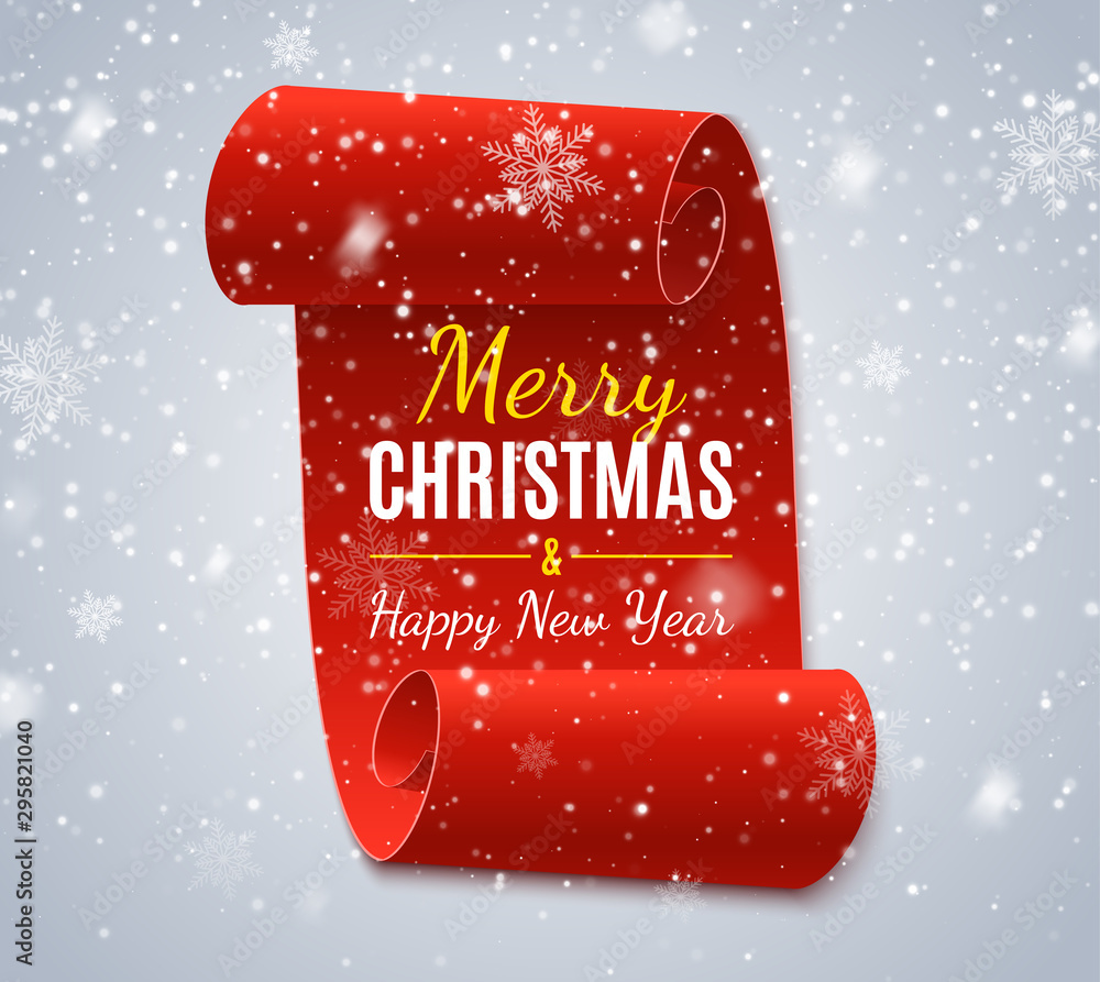 Wall mural christmas tag isolated with snow. red vector banner. merry christmas and happy new year label. vecto