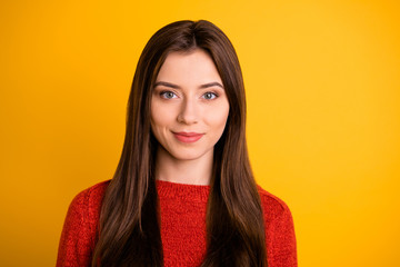 Close up photo of charming nice pretty stylish girl feel she is real successful businesswoman ready to work in big company wear red pullover isolated over yellow color background