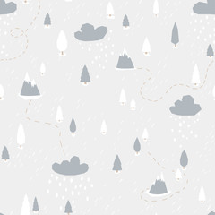 Forest drawing. Clouds and snowfall. Gray Vector seamless pattern in simple scandinavian style. The limited palette is ideal for printing, textiles, wallpaper in the nursery