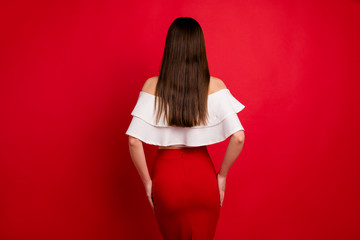Rear back behind view of her she nice-looking attractive lovely perfect well-groomed feminine...