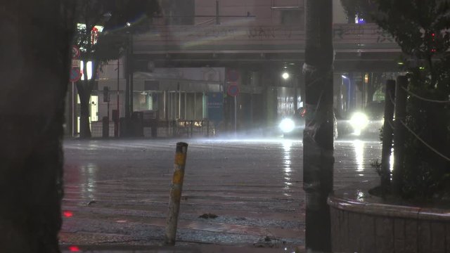 TOKYO,JAPAN - 12 OCTOBER 2019 : Powerful Typhoon Hagibis made landfall. Heaviest rain and winds in 60 years. Government issued highest level of disaster warning. View around Shibuya scramble crossing.