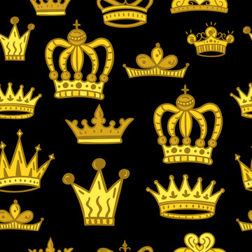 Crown vector seamless pattern. Royalty background with different king's and queen's decoration symbols