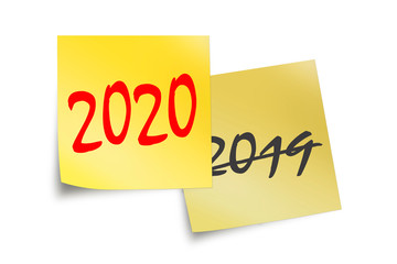 2020 and 2019 written on yellow sticky notes isolated on white