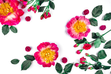 Beautiful roses and peonies on white background, top view.