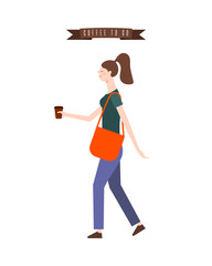 A young girl steps with take away coffee in her hand. Flat vector illustration with woman and ribbon. Design element for cafe, cafeteria, coffee shop, bakery, coffee to go, take out.
