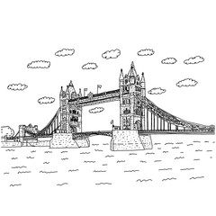 Obraz premium London Tower Bridge with clouds vector illustration sketch doodle hand drawn with black lines isolated on white background. European Landmark.